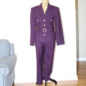 Vintage Gantos Plum Wool Lined Pleated Pant Suit Blazer Jacket Belt Women’s S